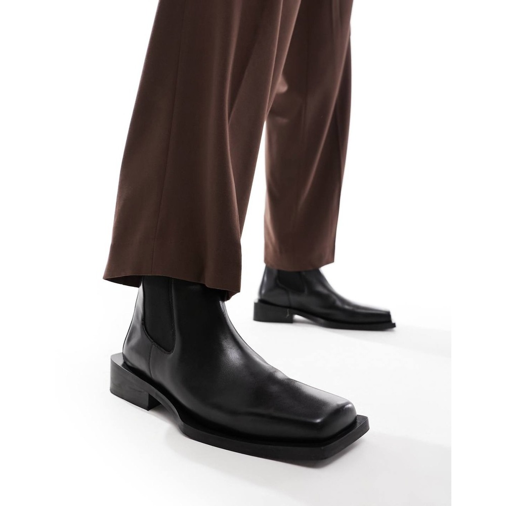 ASOS DESIGN Mens 10 Black Leather Square Toe Chelsea Boots Angled Sole